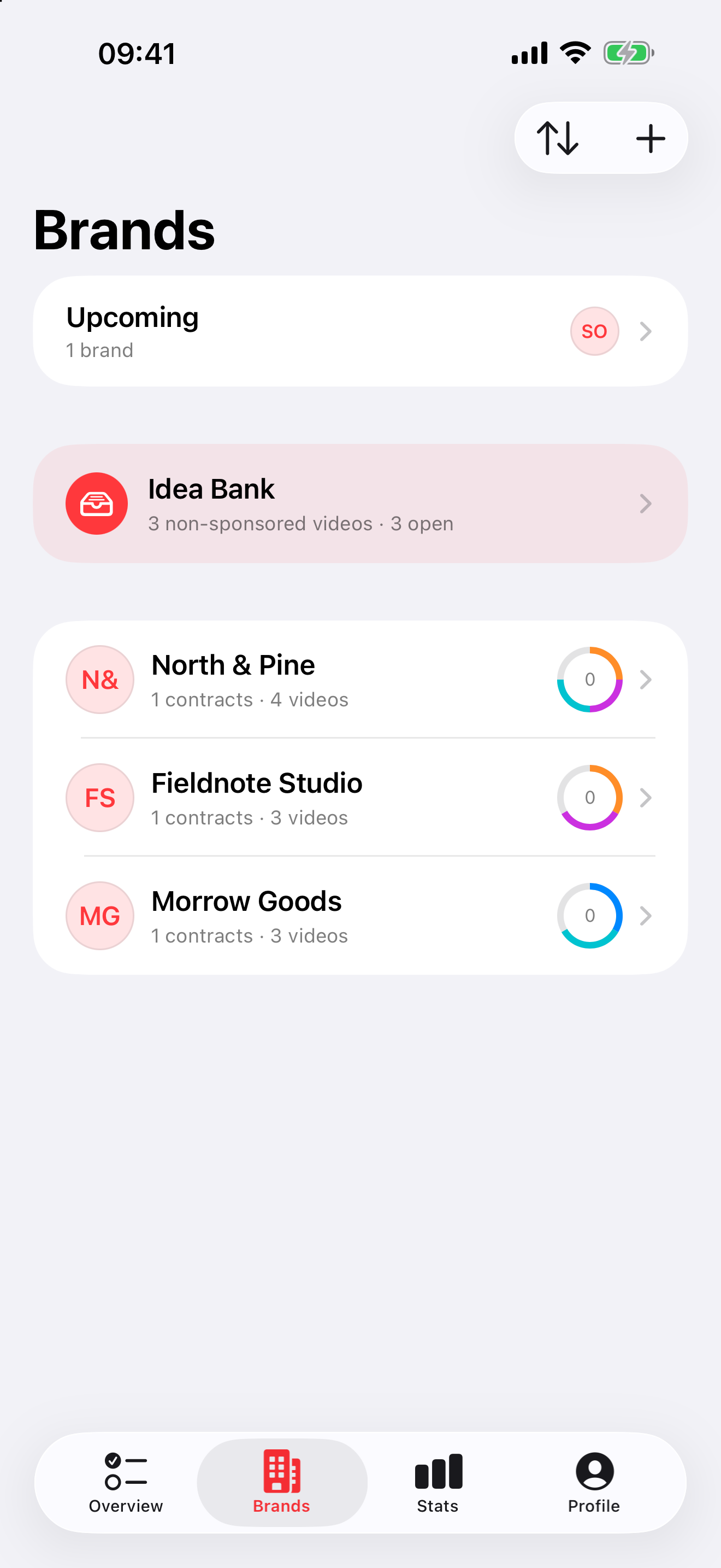 Collabss Brands screen on an iPhone with fictional brands